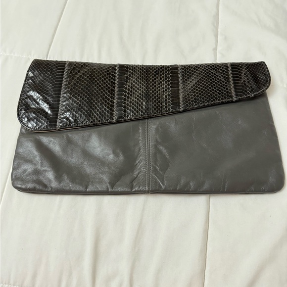 Vintage Large Snakeskin 80s Grey Brown Black Leather Clutch Envelope Style Purse - Picture 1 of 16